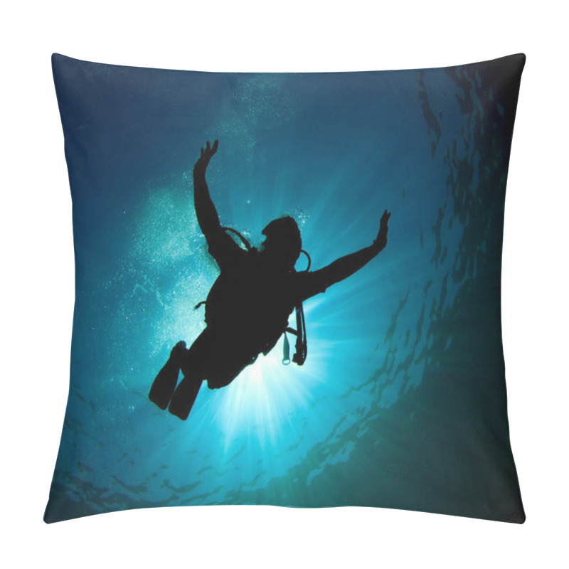 Personality  Underwater Photo Of Diver In The Depth Of Blue Sea Pillow Covers