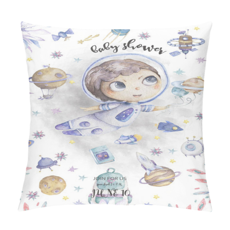 Personality  Astronaut Cartoon Happy Boy In Blue Scanfand Flying In The Space With A Futuristic Rocket And Satellites Around Stars And Planets. Baby Shower, Invite, Celebration And Birthday Card For Little Dreamer Pillow Covers