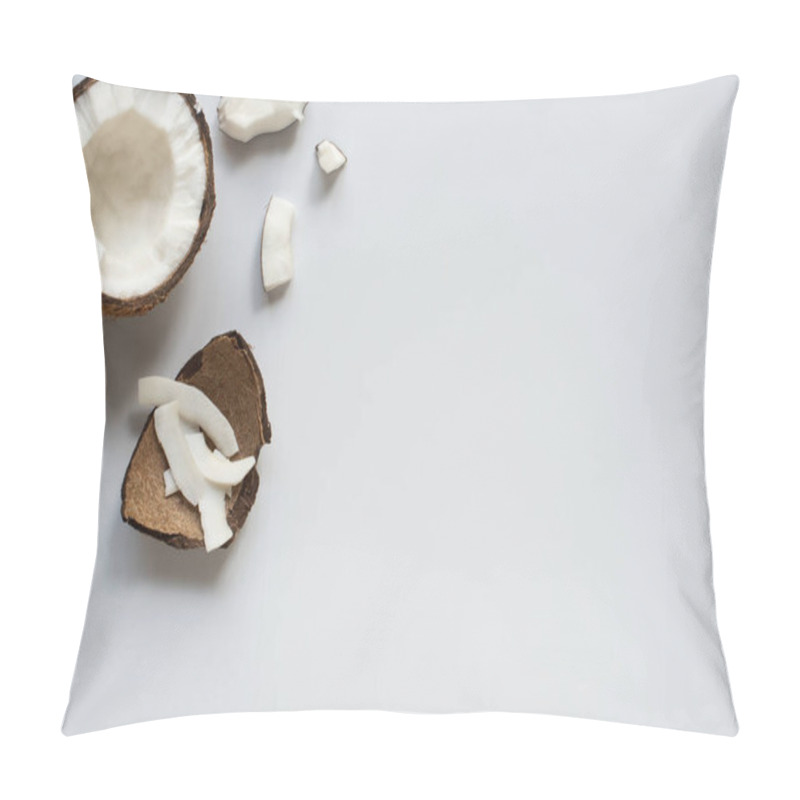 Personality  Top View Of Fresh Tasty Cracked Coconut Half With Flakes And Shell On White Background Pillow Covers