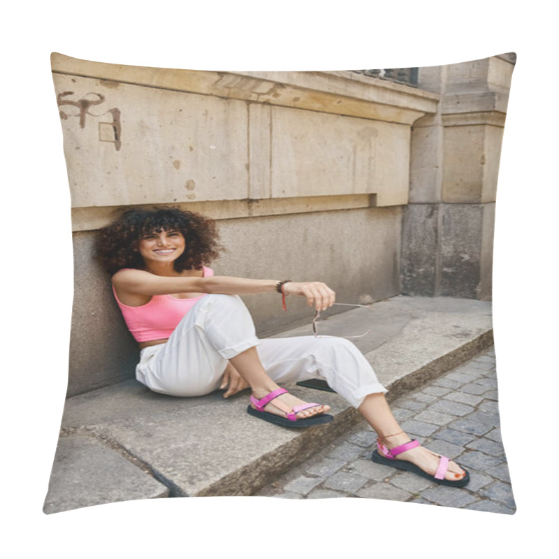 Personality  A Woman In Fashionable Attire Enjoys A Sunny Day Exploring A European City. Pillow Covers