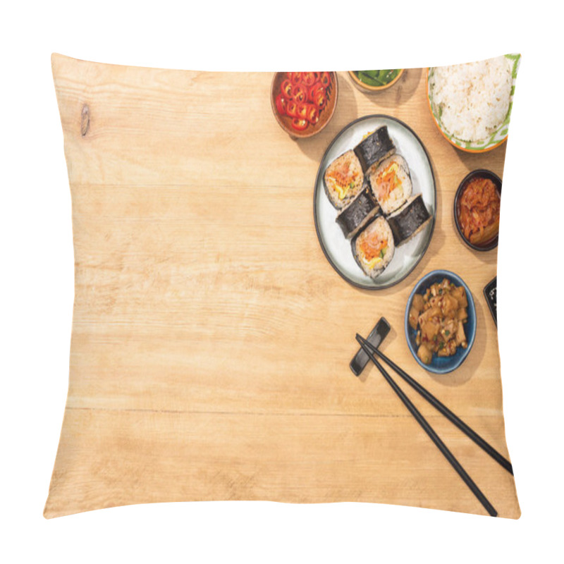 Personality  Top View Of Bowls With Tasty Korean Side Dishes Near Chopsticks And Gimbap On Wooden Surface  Pillow Covers