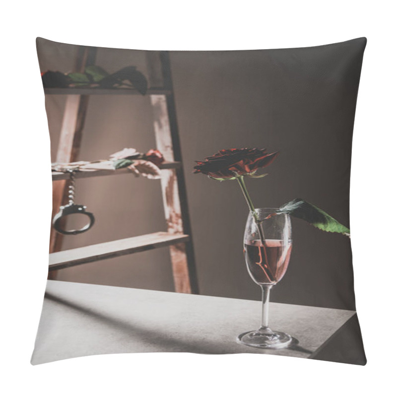 Personality  Red Rose Flowers In Champagne Glass On Stone Table With Wooden Ladder And Metal Handcuffs On Background Pillow Covers