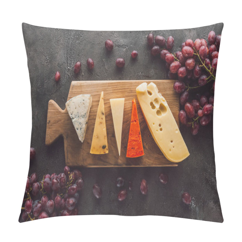 Personality  Top View Of Assorted Cheese On Wooden Cutting Board With Grape On Dark Surface Pillow Covers