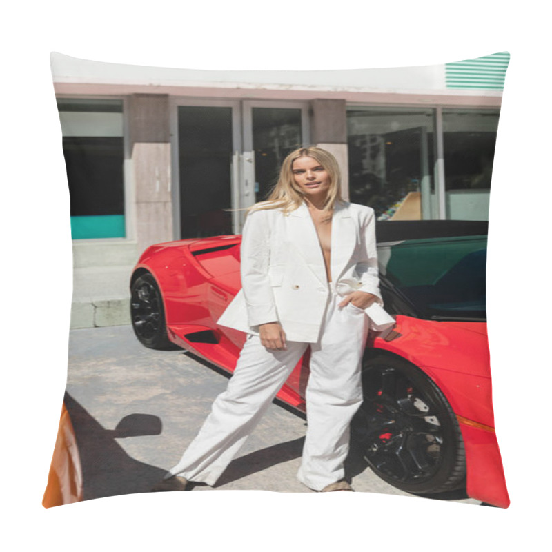 Personality  A Young, Beautiful Blonde Woman Standing Confidently Next To A Sleek Red Sports Car In Miami. Pillow Covers