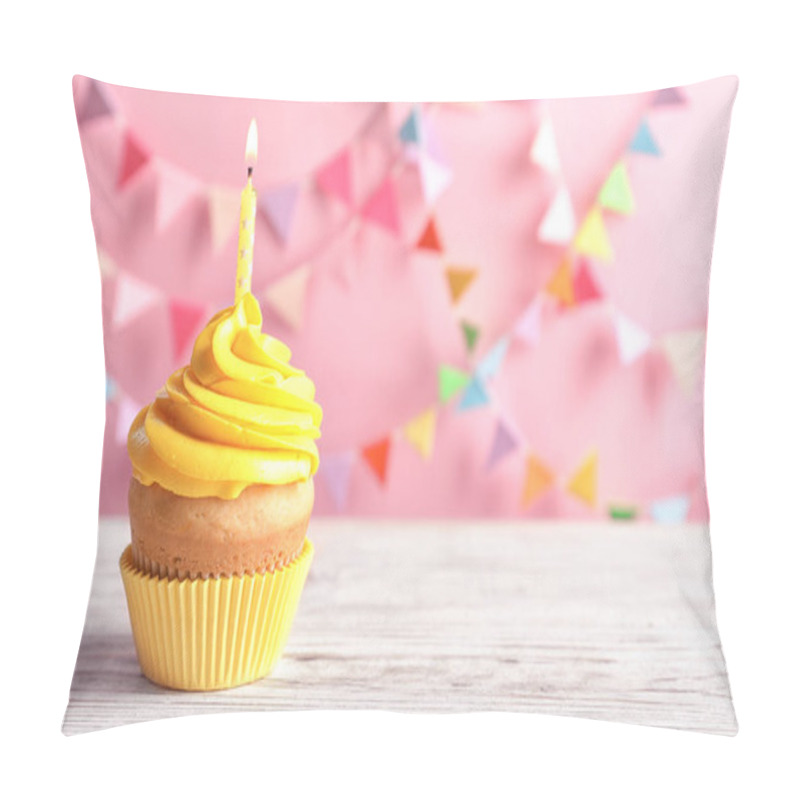 Personality  Delicious Birthday Cupcake With Burning Candle On Table Pillow Covers