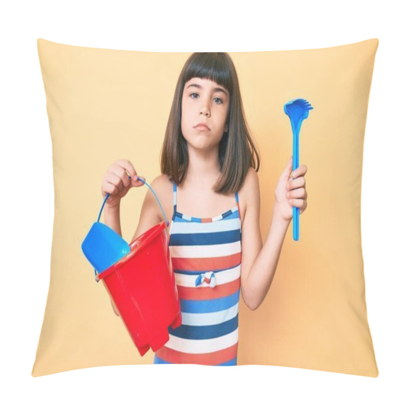 Personality  Young Little Girl With Bang Playing With Summer Shovel And Bucket Toys Depressed And Worry For Distress, Crying Angry And Afraid. Sad Expression.  Pillow Covers