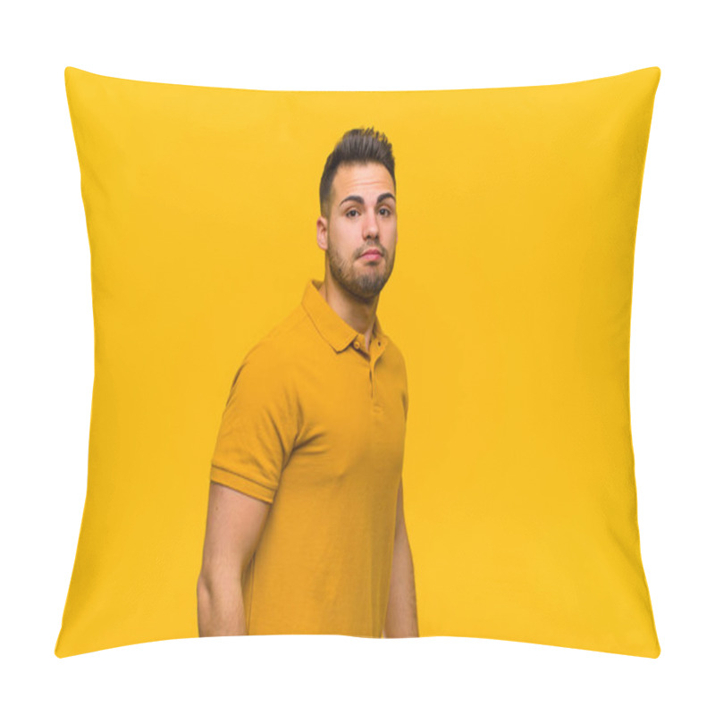 Personality  Young Hispanic Man With A Goofy, Crazy, Surprised Expression, Puffing Cheeks, Feeling Stuffed, Fat And Full Of Food Against Orange Wall Pillow Covers