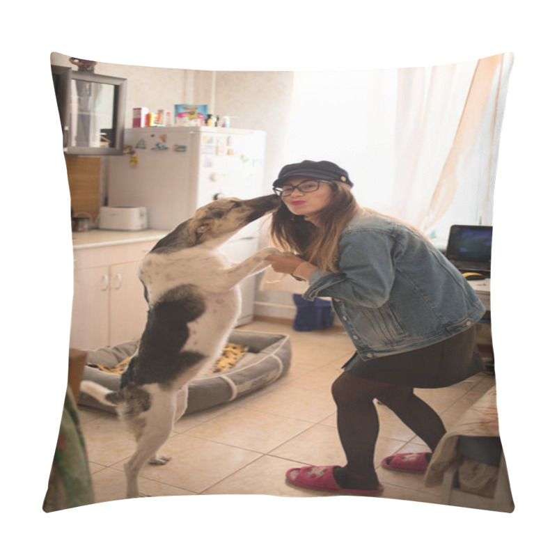 Personality  Beautiful Young Woman Standing And Hugging Her Dog In The Kitchen Room Pillow Covers