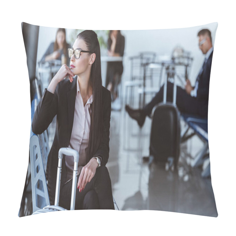 Personality  Adult Businesswoman Sitting In Departure Lounge At Airport Pillow Covers