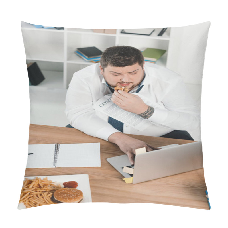 Personality  Overweight Businessman Eating Junk Food While Working With Laptop In Office Pillow Covers