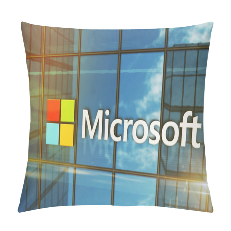 Personality  Redmond, USA, April 30, 2023: Microsoft Corporation Headquarters Glass Building Concept. Software Products And Operating Systems Producer Company Symbol On Front Facade 3d Illustration. Pillow Covers