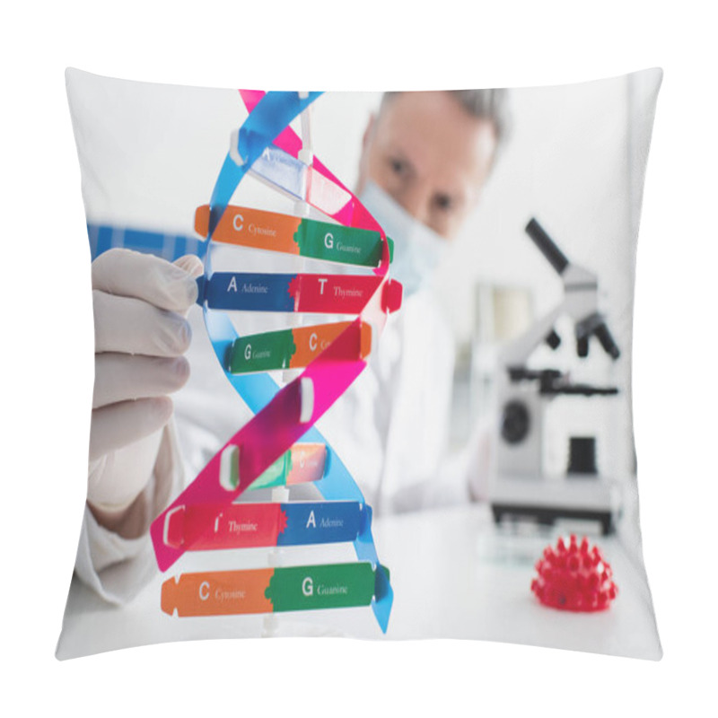 Personality  Dna And Coronavirus Bacteria Models Near Blurred Geneticist In Medical Mask Pillow Covers