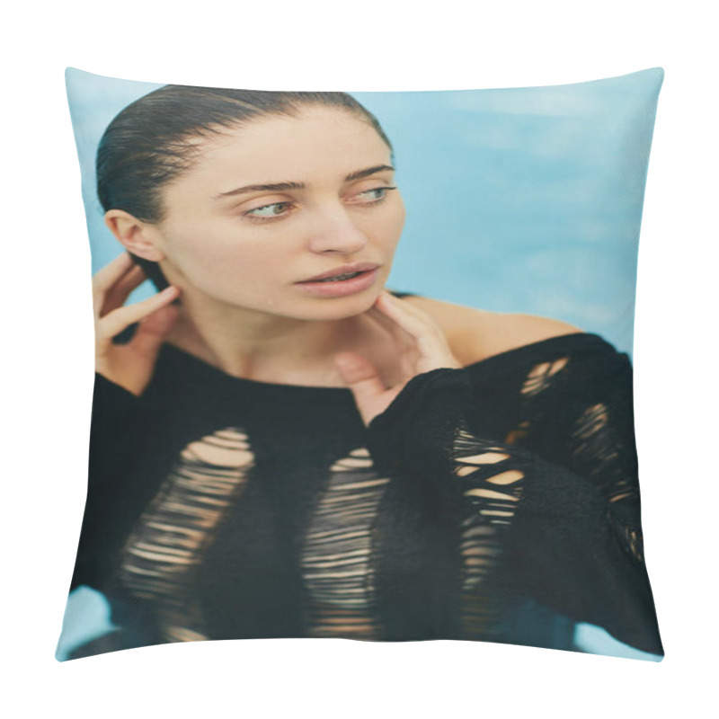 Personality  No Makeup Look, Beautiful And Sexy Woman In Black Knitted Outfit Swimming Inside Of Outdoor Swimming Pool During Vacation In Miami, Natural Beauty, Luxury Resort, Florida, Looking Away Pillow Covers