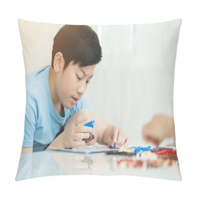 Personality  Happy Asian Boy Playing Plastic Block At Home. Pillow Covers