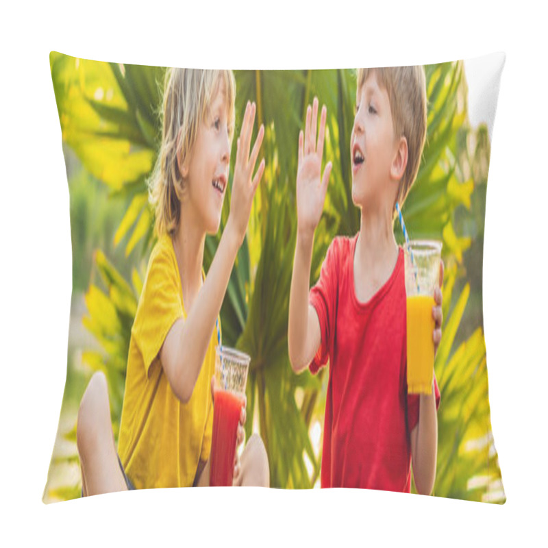 Personality  BANNER, LONG FORMAT Two Boys Drink Healthy Smoothies Against The Backdrop Of Palm Trees. Mango And Watermelon Smoothies. Healthy Nutrition And Vitamins For Children Pillow Covers