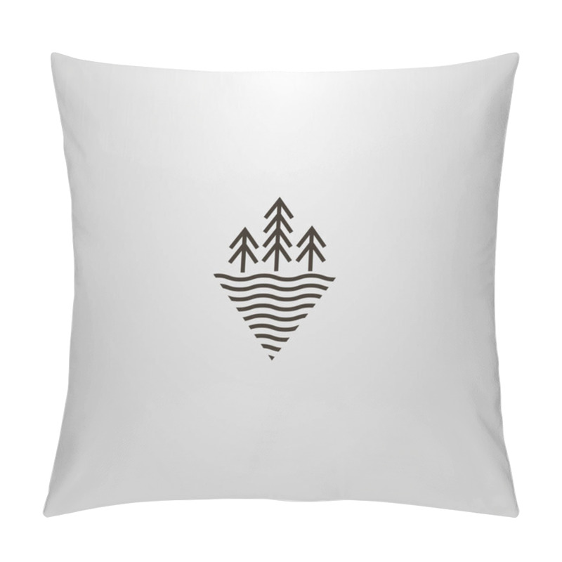 Personality  Black And White Simple Vector Line Art Rhombos Sign Of Three Fir Trees Near Water Waves Pillow Covers