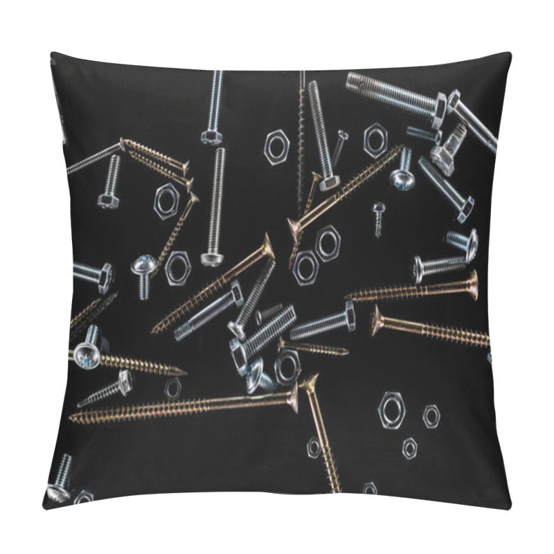 Personality  Top View Of Scattered Bolts, Nuts And Studs Isolated On Black Pillow Covers