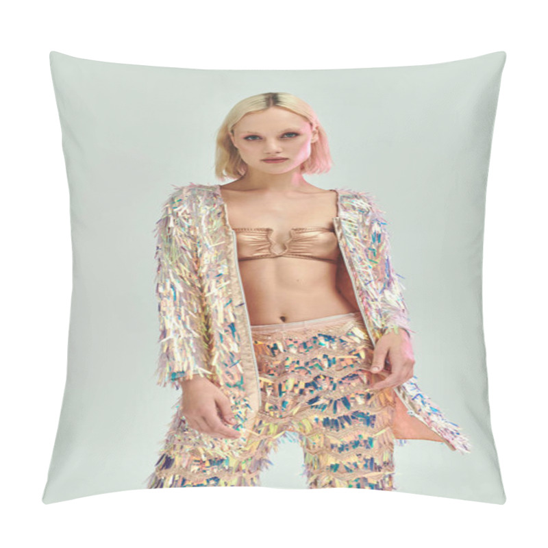 Personality  A Confident Young Woman Showcases A Striking Holographic Ensemble. Pillow Covers