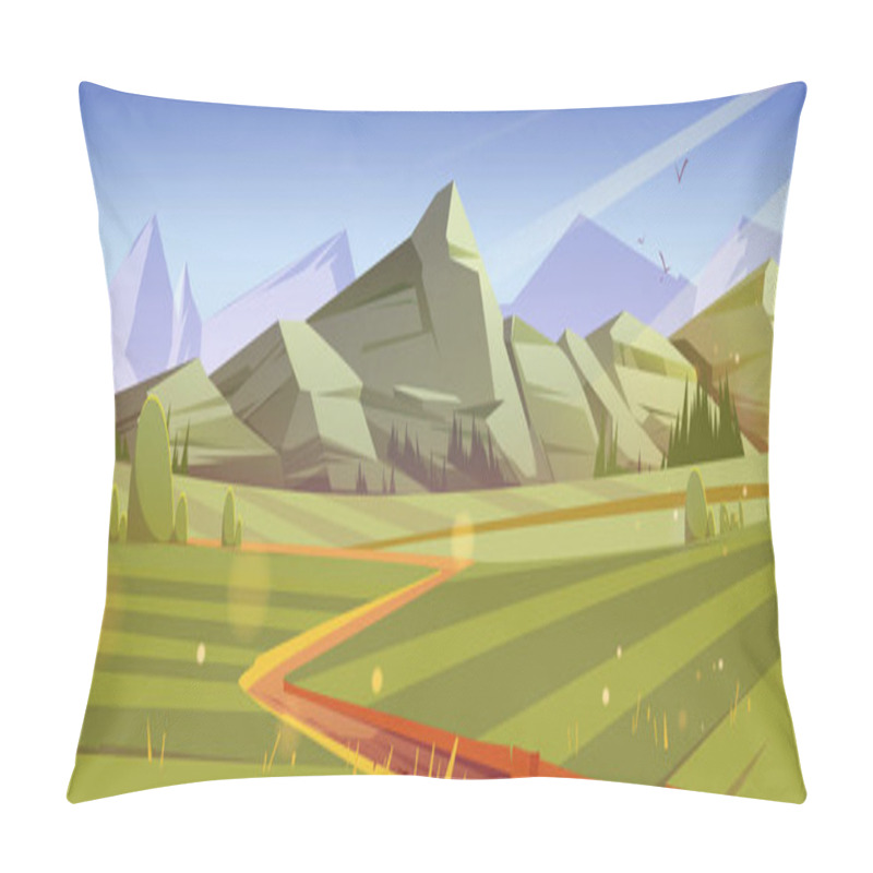 Personality  Green Meadows And Road In Mountain Valley Pillow Covers