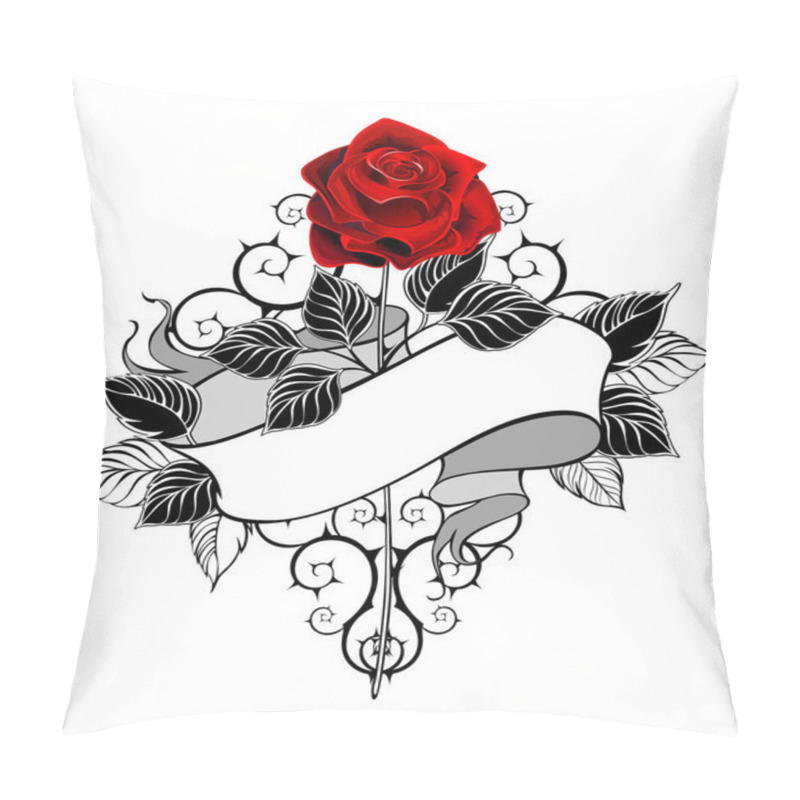 Personality  Straight Rose With Red Bud, Stem, Black Leaves, Decorated With Ribbon In Tattoo Style On White Background. Pillow Covers