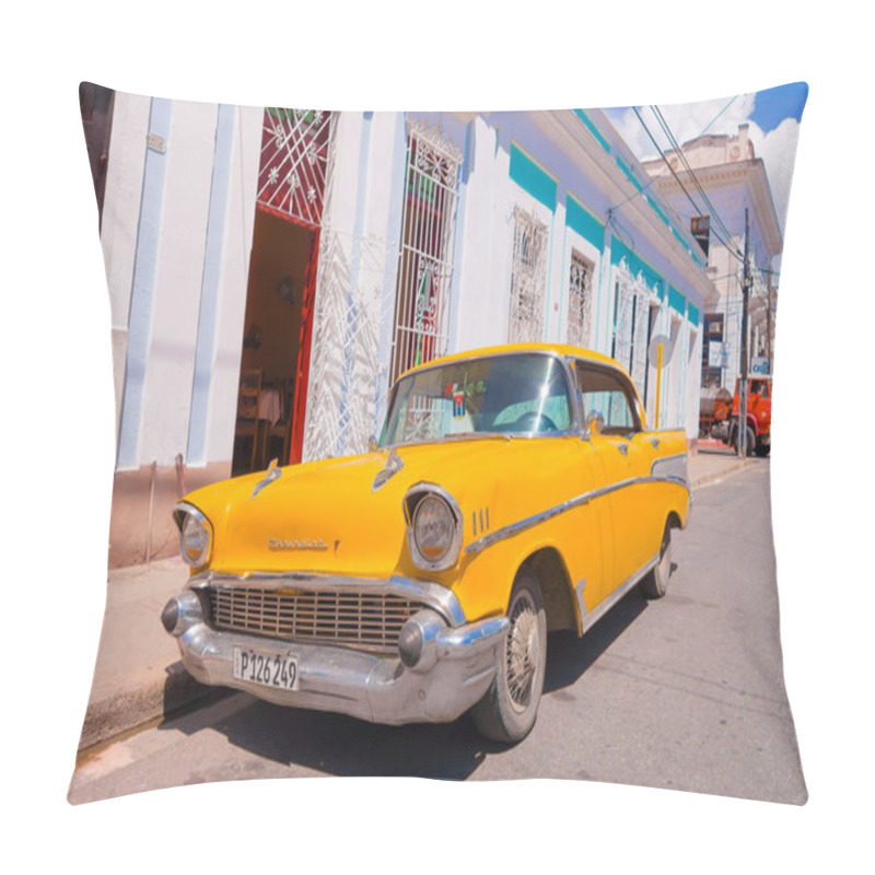 Personality  CIENFUEGOS, CUBA - SEPTEMBER 12, 2015: Classic Cars Are Still In Use And Old Timers Have Become An Iconic View Pillow Covers