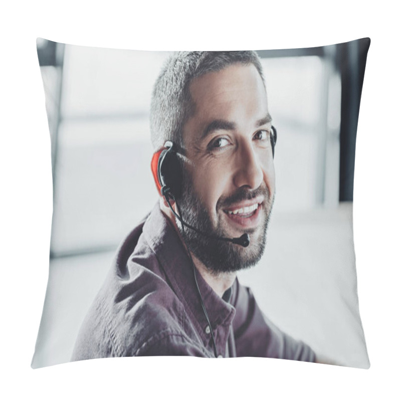 Personality  Handsome Smiling Call Center Worker In Headphones With Microphone Looking At Camera Pillow Covers