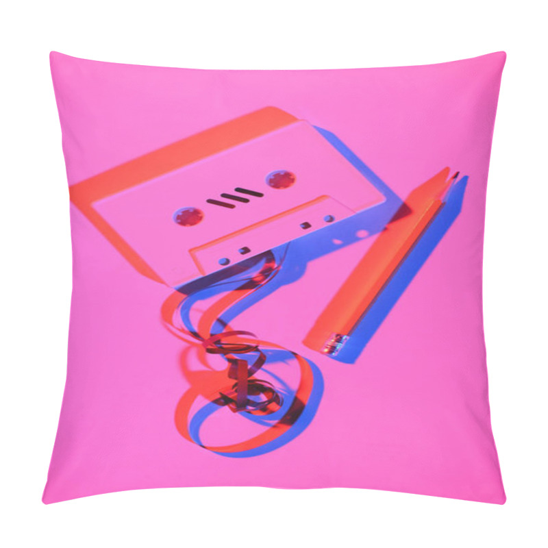 Personality  Toned Pink Picture Of Retro Audio Cassette With Pencil And Tape Pillow Covers