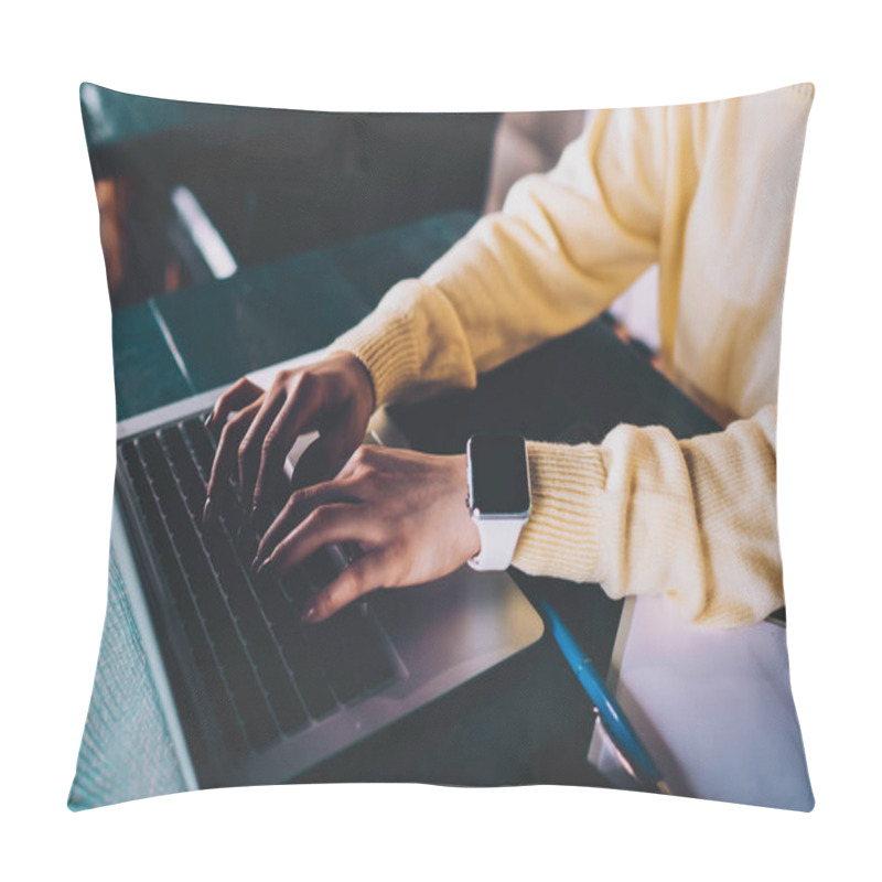 Personality  Cropped Image Of Skilled Female It Professional Working At Online Platform For Programmers Connected To Wifi Internet On Modern Laptop Device, Woman Typing Data Information During Freelancing Pillow Covers