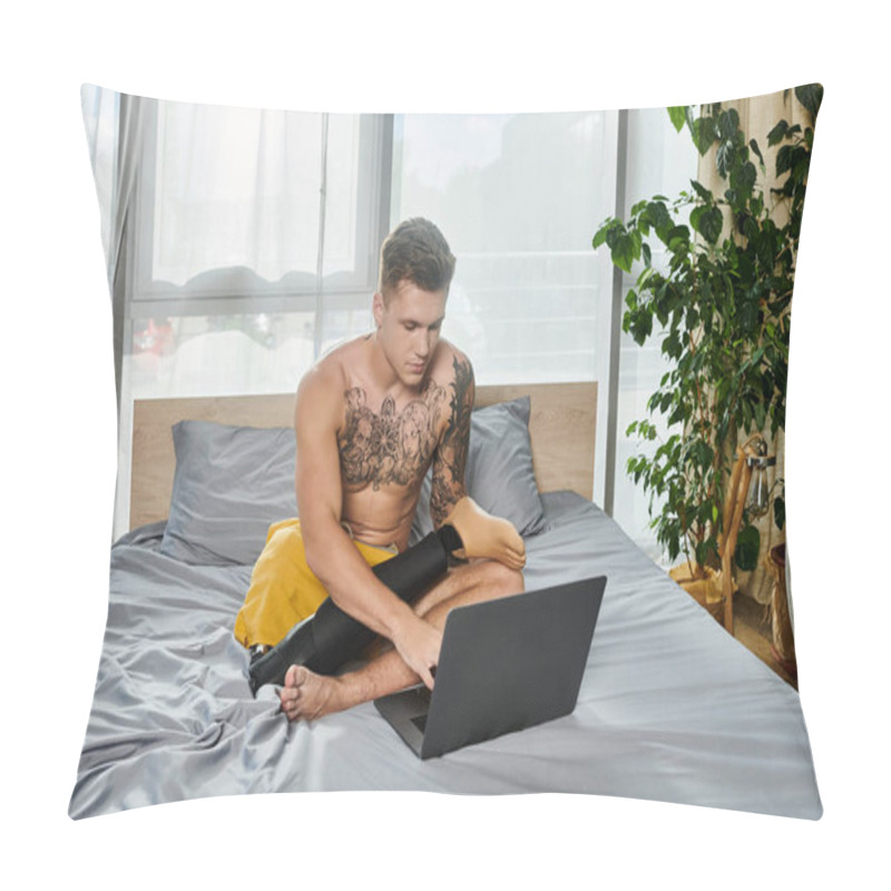 Personality  A Talented Young Man With A Prosthetic Leg Works On His Laptop While Relaxing In A Sunny Room. Pillow Covers