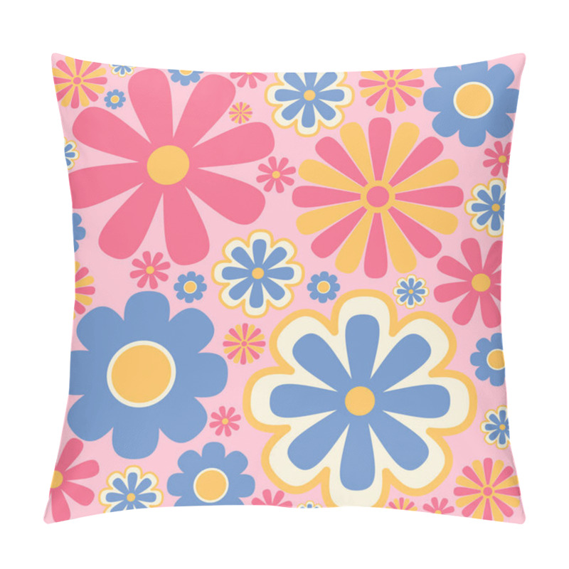 Personality  Colorful 60s -70s Style Retro Hand Drawn Floral Pattern. Pink And Yellow Flowers. Vintage Seamless Vector Background. Hippie Style, Print For Fabric, Swimsuit, Fashion Prints And Surface Design. Pillow Covers