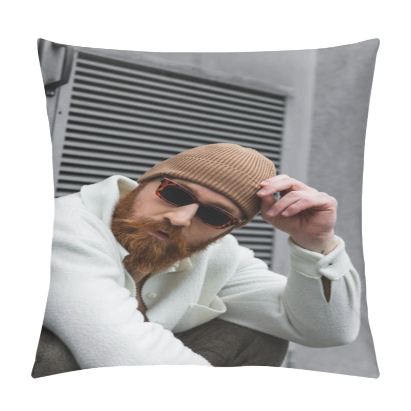 Personality  Bearded Man In Stylish Sunglasses And Trendy Beanie Hat Looking Away Outdoors Pillow Covers