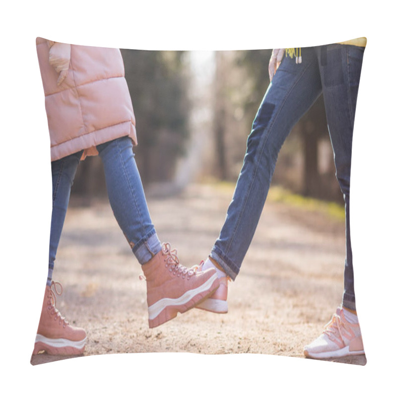 Personality  Foot Tap. New Novel Greeting To Avoid The Spread Of Coronavirus. Two Women Friends Meet In Park. Instead Of Greeting With A Hug Or Handshake, They Touch Their Feet Together Instead. Pillow Covers