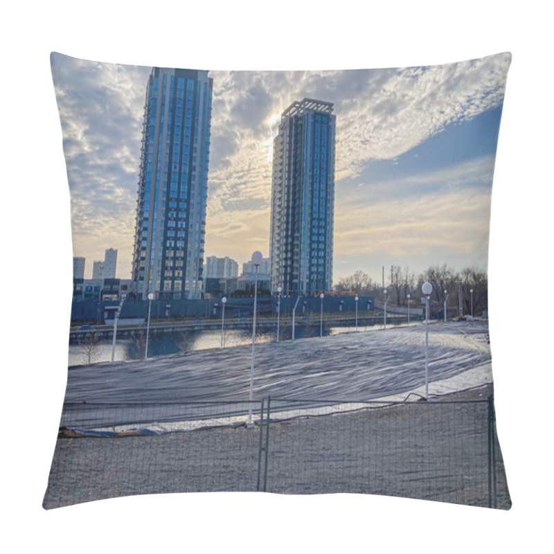 Personality  A Cityscape Features Modern Architectural Structures With Solar Panels, Suggesting Renewable Energy The Image Shows Two High-rise Buildings With Multiple Balconies And Refl Kyiv, Ukraine, 03-15-2024 Pillow Covers