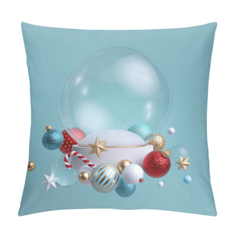 Personality  3d Christmas Background. Glass Ball Decorated With Festive Ornaments. Blank Mockup. Glass Balls, Crystal Stars, Candy Cane. Pillow Covers