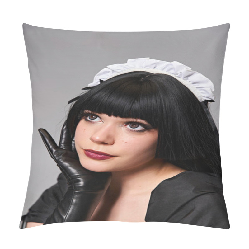 Personality  Enticing Sexy Cosplayer In Maid Costume Posing Alluringly And Looking Away On Gray Backdrop Pillow Covers