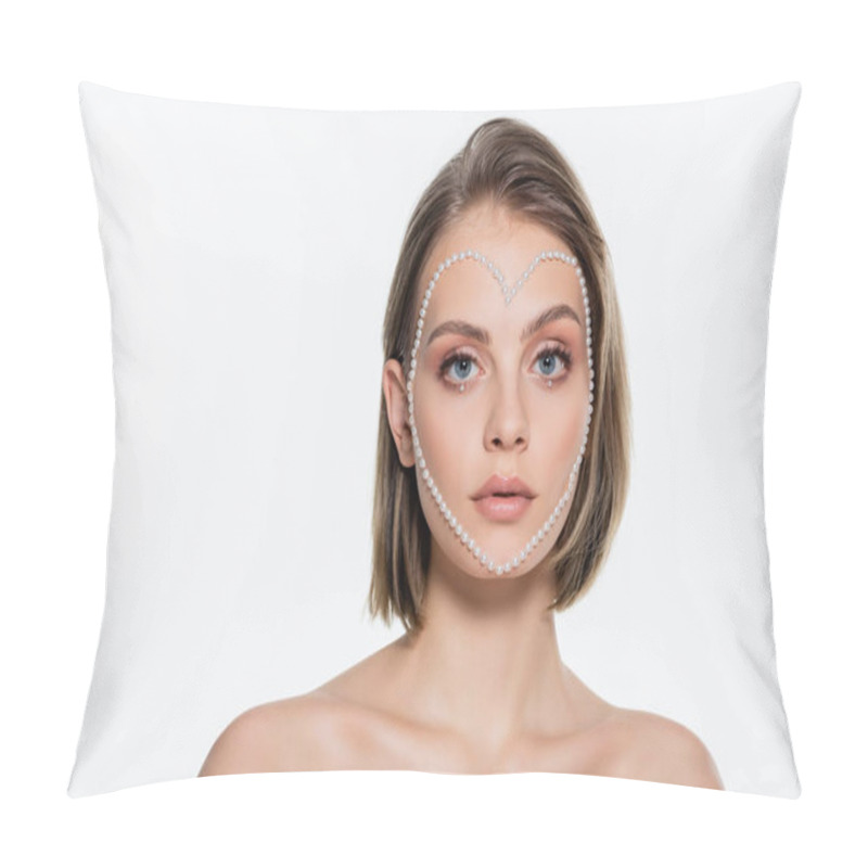 Personality  Pretty Young Woman With Creative Heart Shape Beads Around Face Isolated On White Pillow Covers