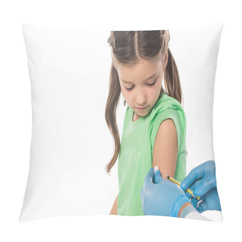 Personality  Side View Of Kid Looking At Pediatrician Doing Vaccine Injection Isolated On White Pillow Covers