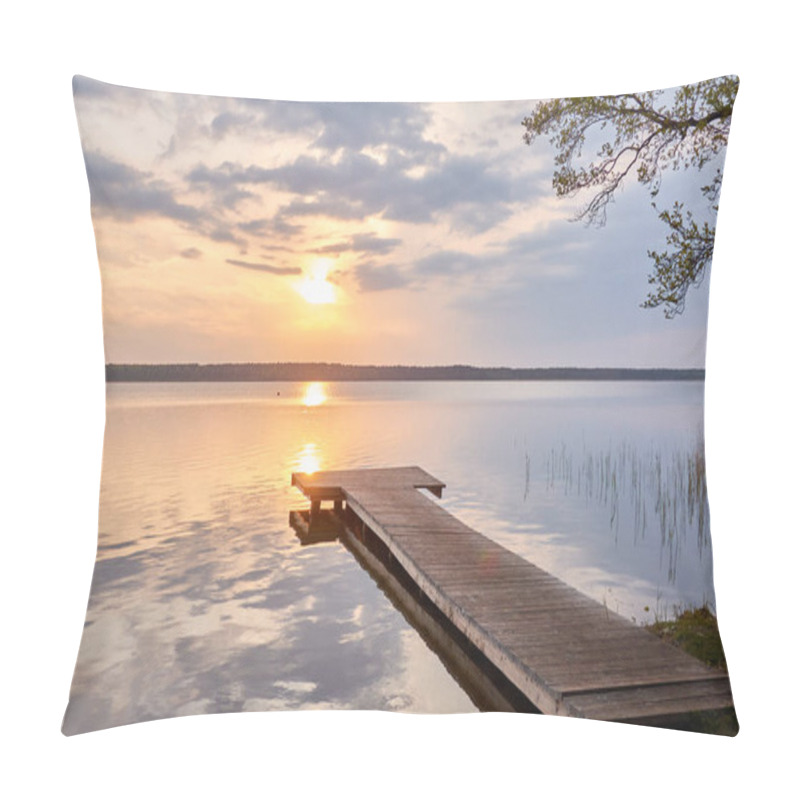 Personality  Busnieku Lake At Sunset. Ventspils, Latvia. Wooden Pier. Soft Sunlight, Glowing Clouds, Symmetry Reflections In A Crystal Clear Water. Spring, Early Summer. Panoramic View. Nature, Ecology, Ecotourism Pillow Covers