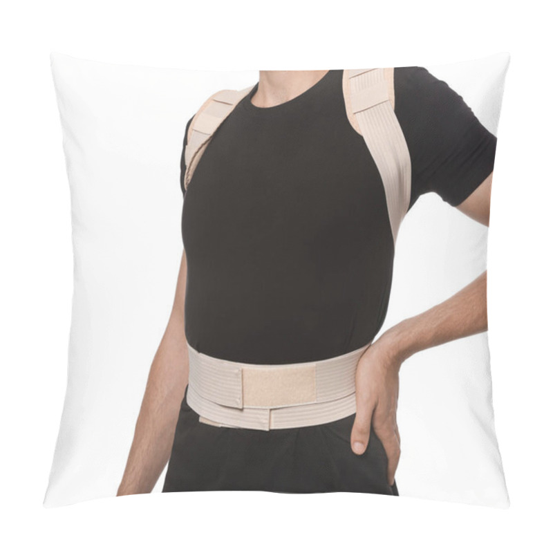 Personality  Closeup View Of Man With Orthopedic Corset On White Background Pillow Covers