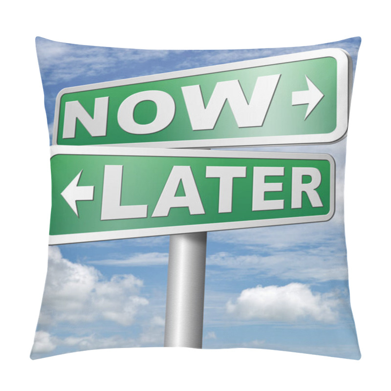 Personality  Now Or Later Sign Boards Against Cloudy Sky Background Pillow Covers