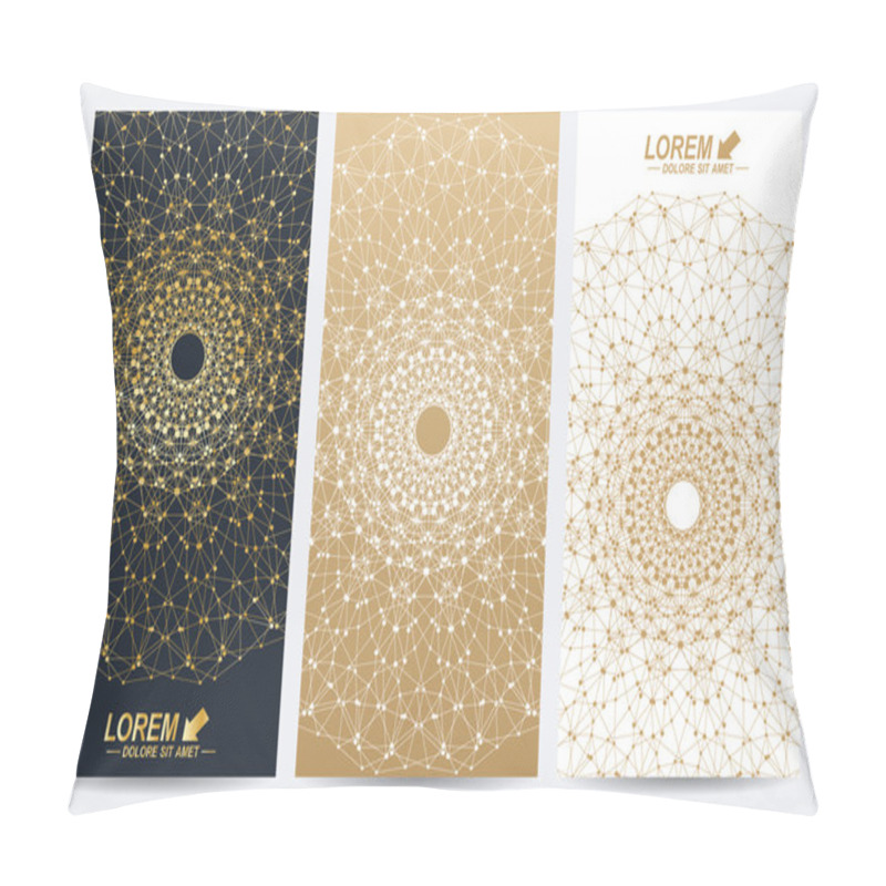 Personality  Modern Set Of Vector Flyers. Molecule And Communication Background. Geometric Abstract Round Golden Forms. Connected Line With Dots. Graphic Composition For Medicine, Science, Technology, Chemistry. Pillow Covers