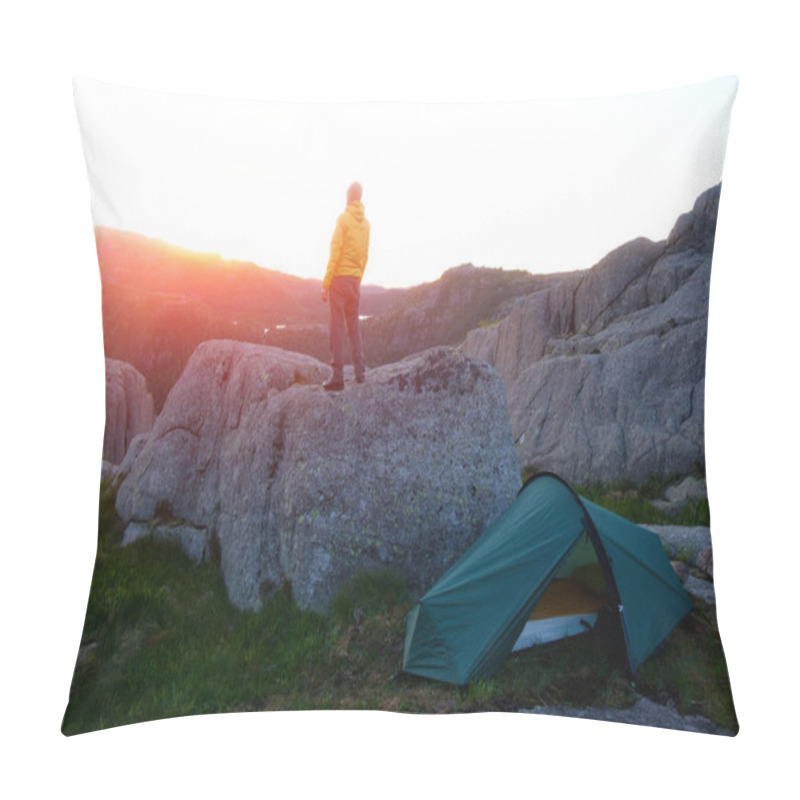 Personality  Alone Tourist Near His Tent Pillow Covers