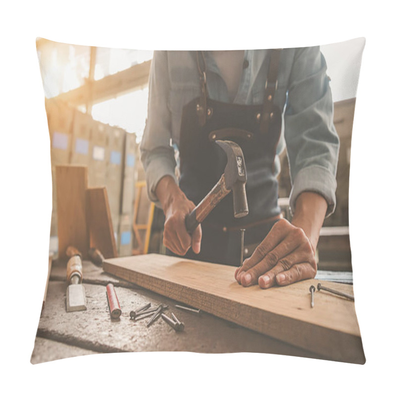 Personality  Carpenter Working With Equipment On Wooden Table In Carpentry Sh Pillow Covers