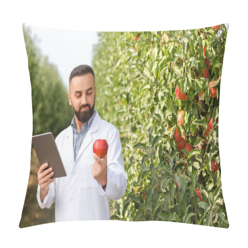 Personality  Checking Fruits On Organic Farm With Modern Devices Pillow Covers