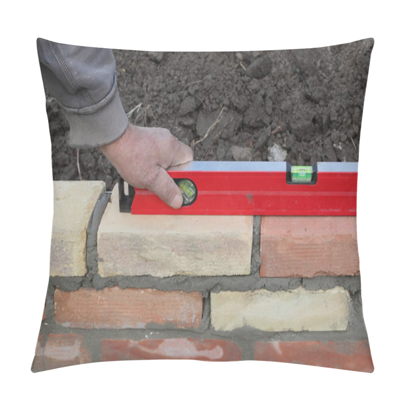 Personality  Worker Controlling Brick Wall With Level Tool, Closeup Of Hand And Tool Pillow Covers