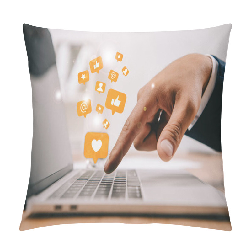 Personality  Partial View Of Businessman Typing On Laptop At Workplace With Multimedia Icons Pillow Covers