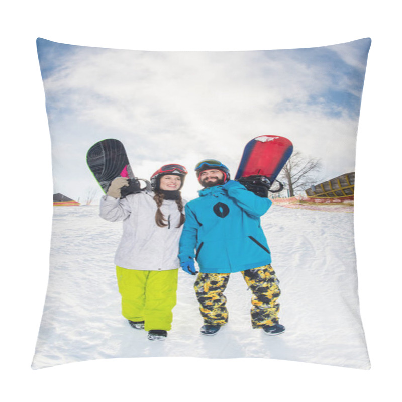 Personality  Man And Woman With Snowboards Pillow Covers