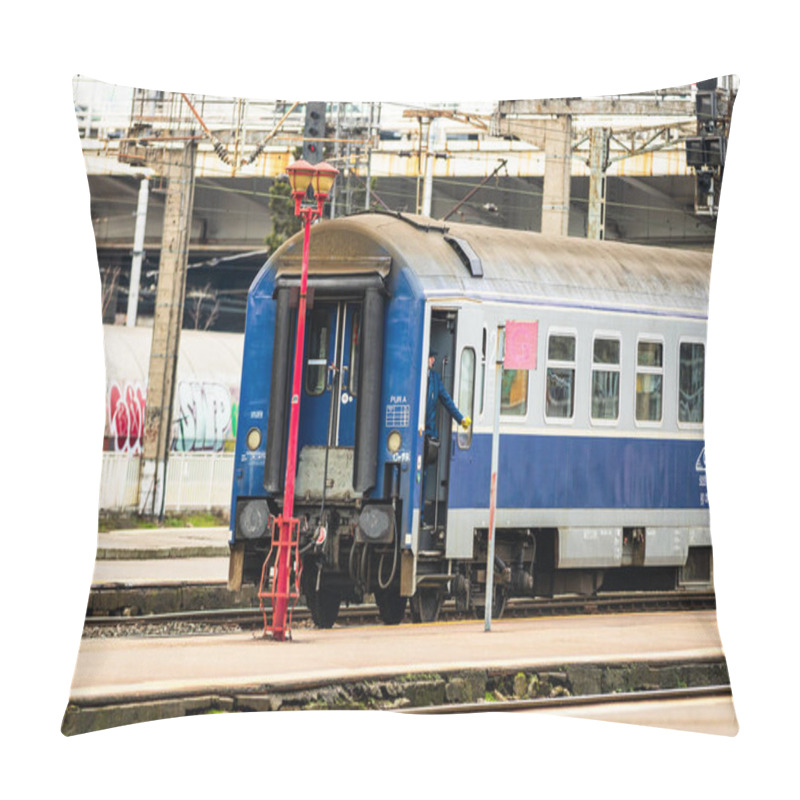 Personality  Train In Motion Or At Train Platform At Bucharest North Railway Station (Gara De Nord Bucharest) In Bucharest, Romania, 2022 Pillow Covers