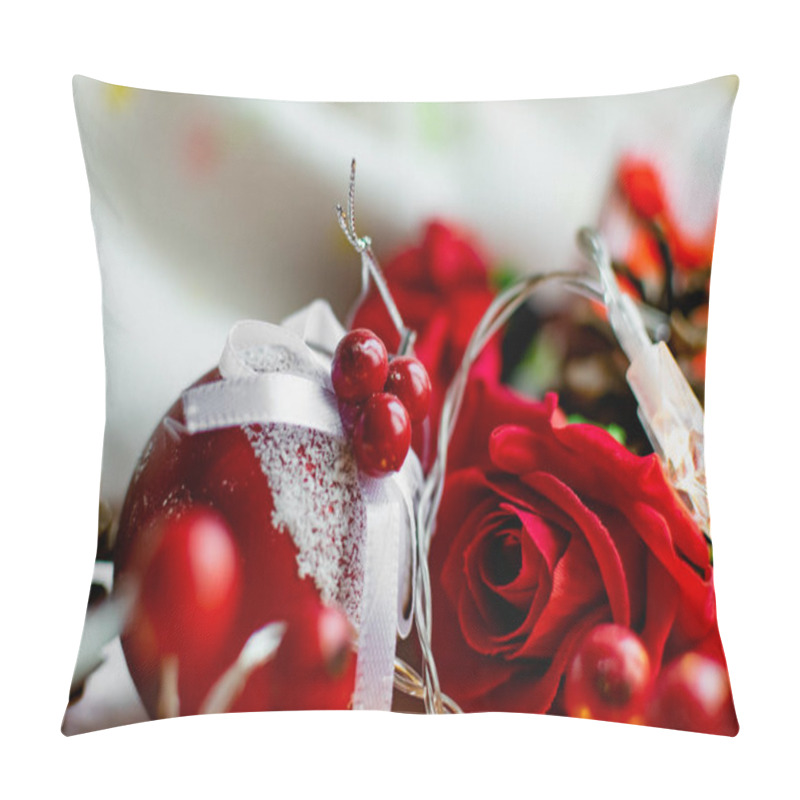 Personality  Christmas Decorations On A Soft Cozy White Blanket. Red Toys In The Form Of Balls And Berries, With Fir Cones. Around Yellow Lanterns Light Bulbs In The Form Of Stars. Elegant Composition For Christmas Pillow Covers