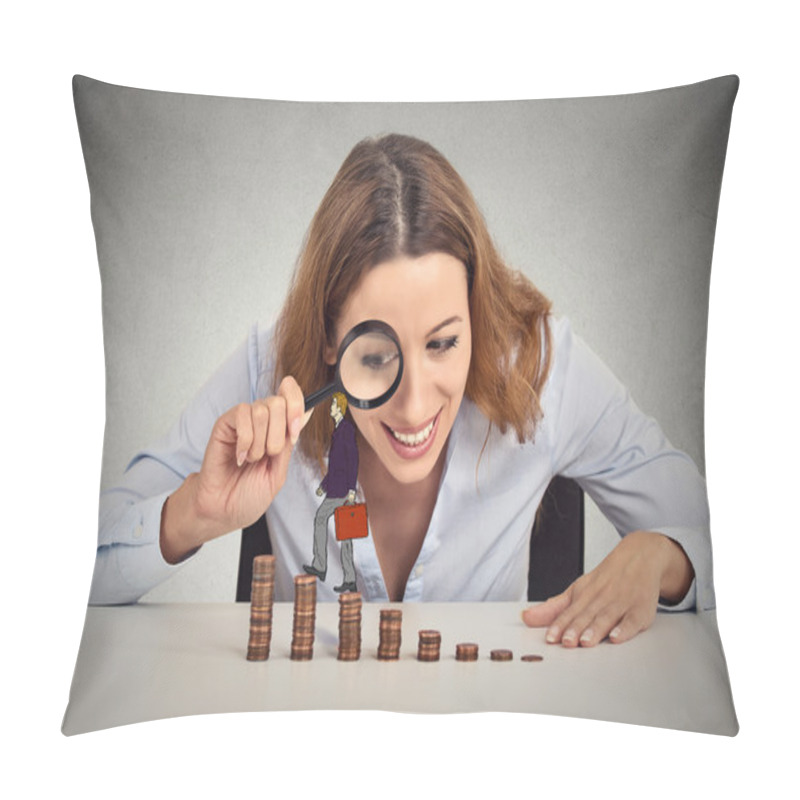 Personality  Woman Looking At Corporate Employee Walking Up Coin Stack Ladder Pillow Covers